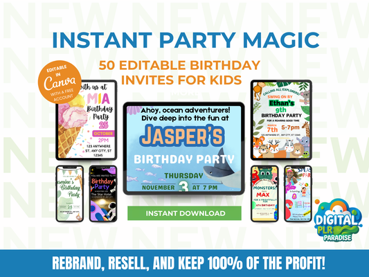 50 Editable Kids Birthday Invitation Templates | Canva Templates | Instant Download | Birthday Party Invites | Resell with PLR